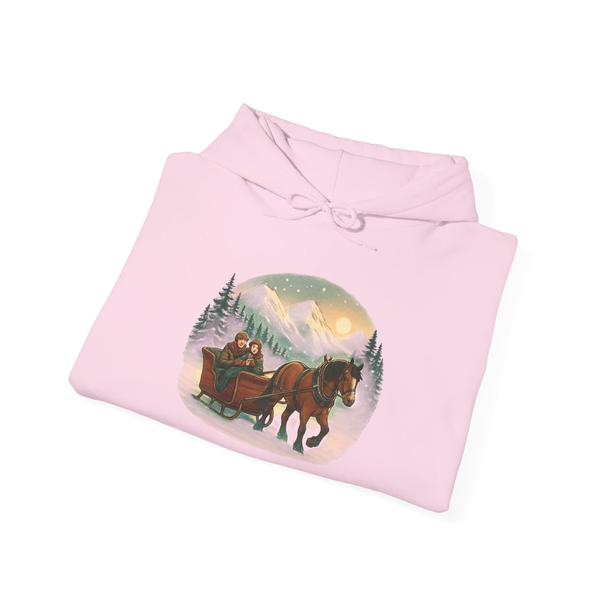 Horse-Drawn Sleigh Winter Hoodie — Vintage Christmas Cabin Scenic Sweatshirt