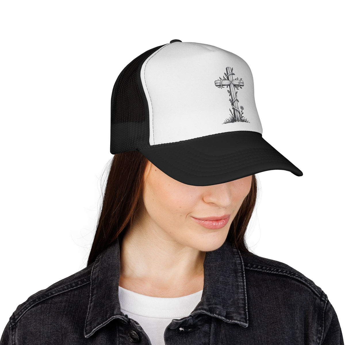 Vintage Faith Trucker Cap - Religious Hat with Cross Design, Outdoors Cap, Gift for Believers, Religious Events, Faith-Based Merchandise