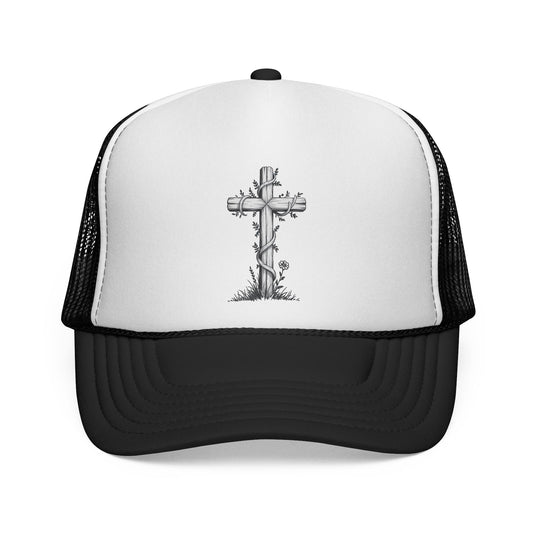 Vintage Faith Trucker Cap - Religious Hat with Cross Design, Outdoors Cap, Gift for Believers, Religious Events, Faith-Based Merchandise