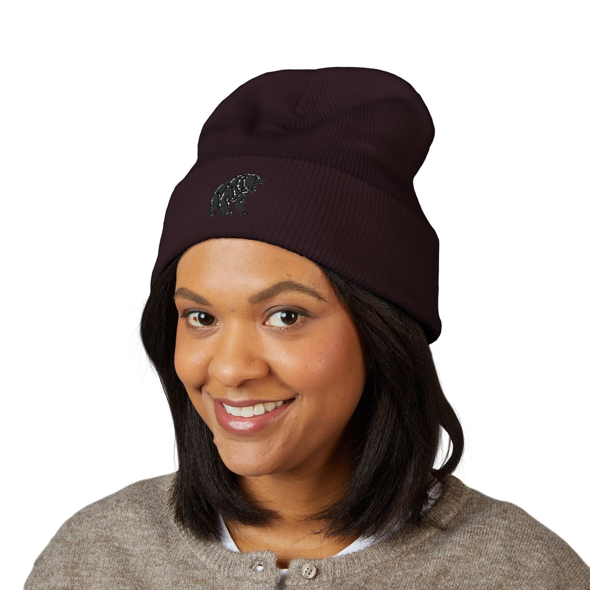 Bear Embroidered Cuffed Beanie - Cozy Winter Hat, Animal Lover Gift, Hiking Accessory, Outdoor Fashion, Fall/Winter Essential
