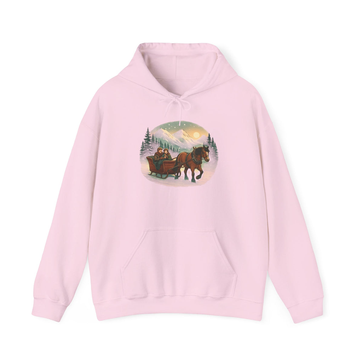 Horse-Drawn Sleigh Winter Hoodie — Vintage Christmas Cabin Scenic Sweatshirt