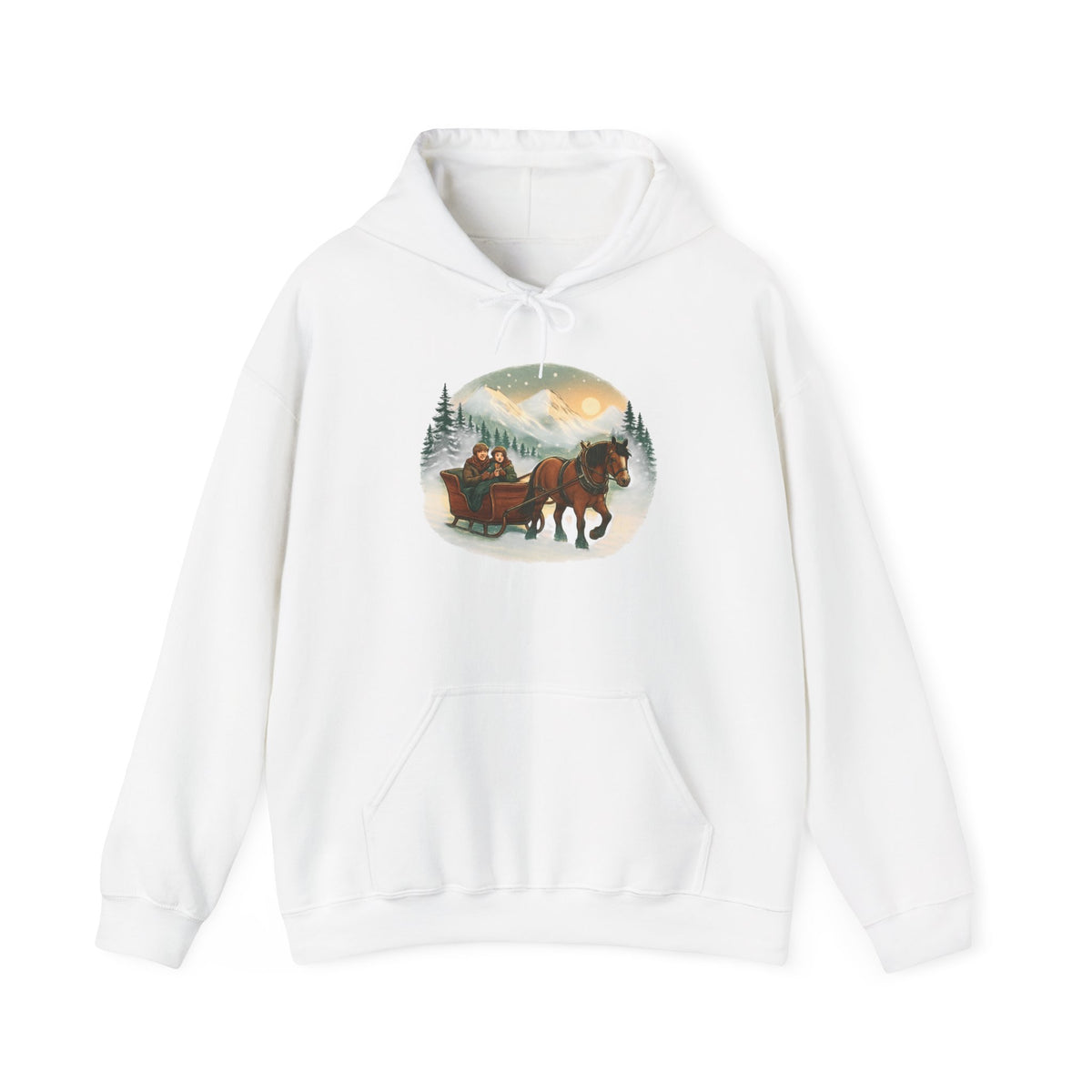 Horse-Drawn Sleigh Winter Hoodie — Vintage Christmas Cabin Scenic Sweatshirt