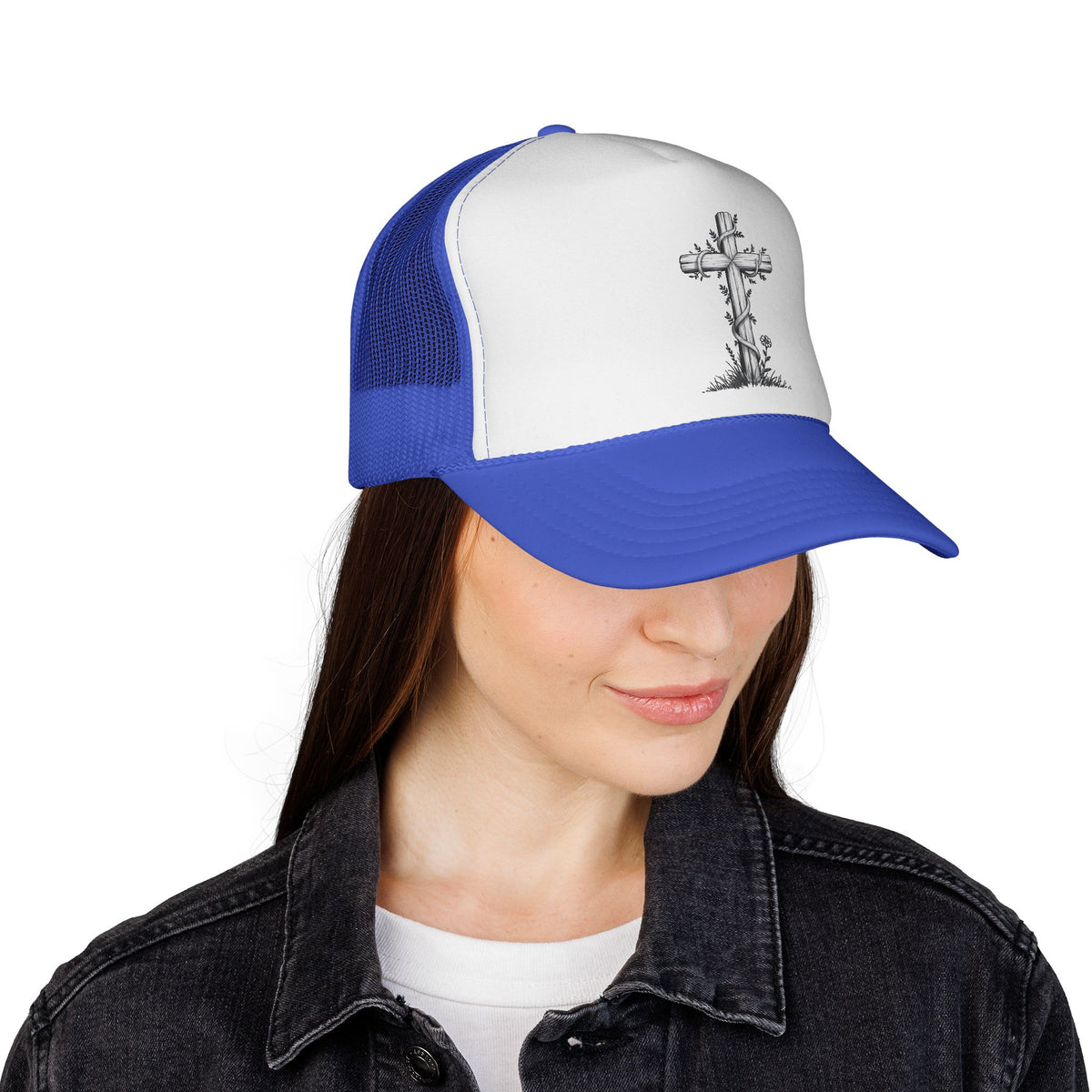 Vintage Faith Trucker Cap - Religious Hat with Cross Design, Outdoors Cap, Gift for Believers, Religious Events, Faith-Based Merchandise