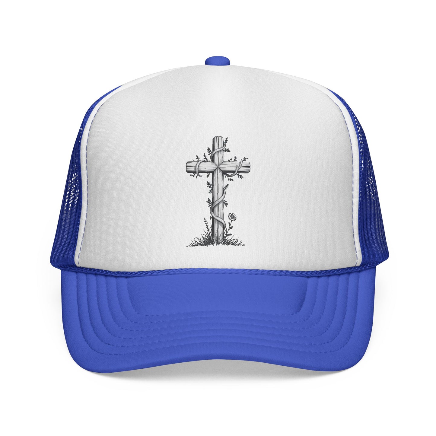 Vintage Faith Trucker Cap - Religious Hat with Cross Design, Outdoors Cap, Gift for Believers, Religious Events, Faith-Based Merchandise
