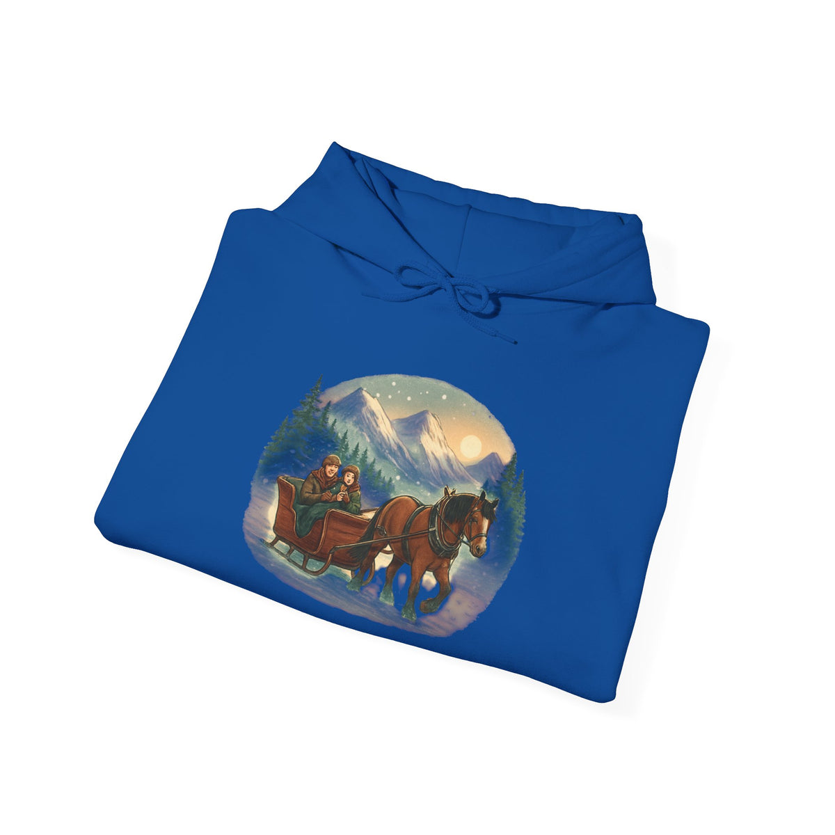 Horse-Drawn Sleigh Winter Hoodie — Vintage Christmas Cabin Scenic Sweatshirt