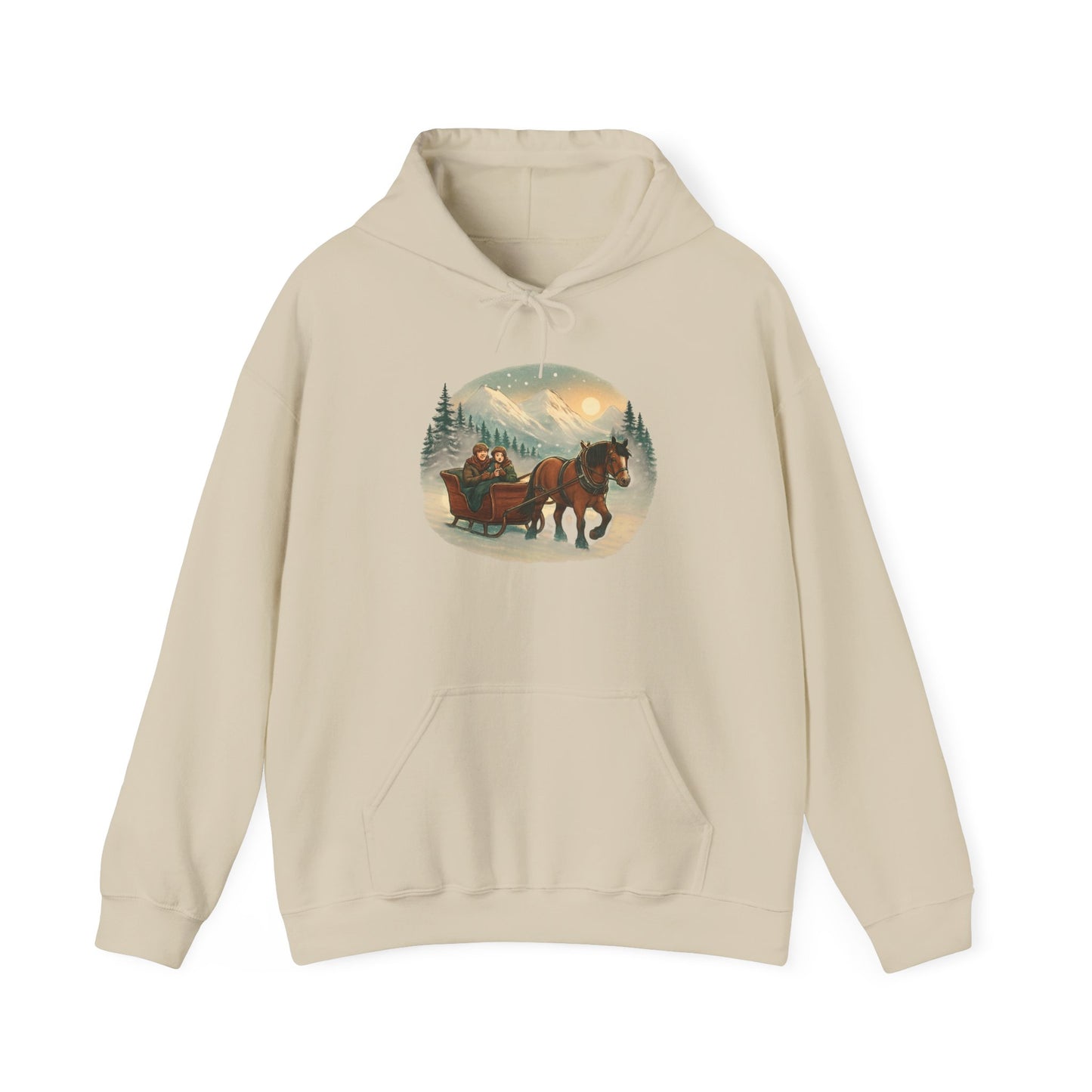 Horse-Drawn Sleigh Winter Hoodie — Vintage Christmas Cabin Scenic Sweatshirt