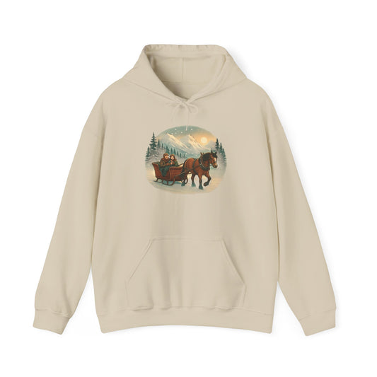 Horse-Drawn Sleigh Winter Hoodie — Vintage Christmas Cabin Scenic Sweatshirt