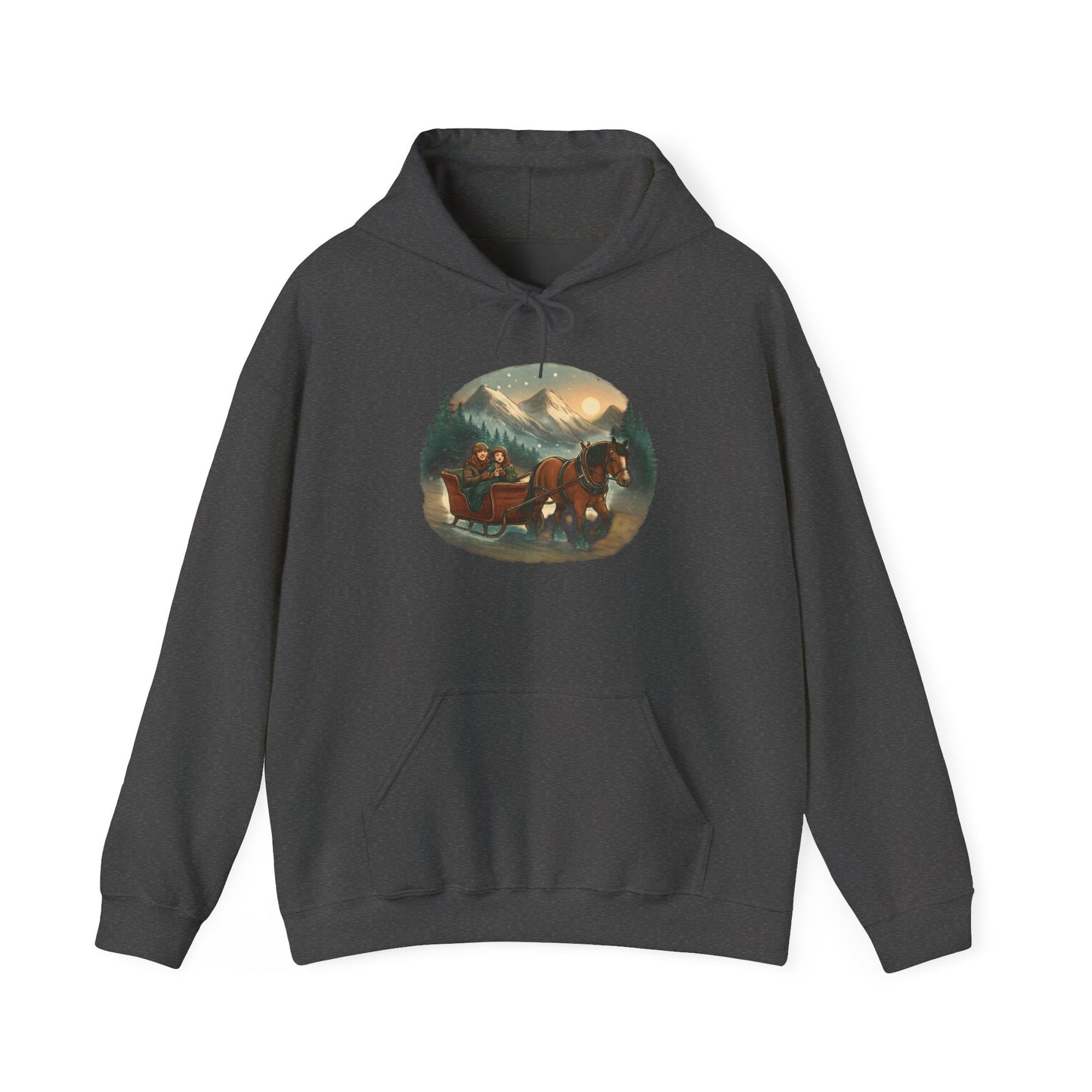 Horse-Drawn Sleigh Winter Hoodie — Vintage Christmas Cabin Scenic Sweatshirt