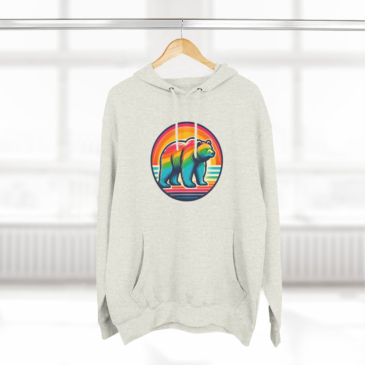 Colorful Bear Sunset Fleece Hoodie | Cozy Graphic Sweatshirt for Nature Lovers, Camping, Gift for Him & Her, Winter Fashion