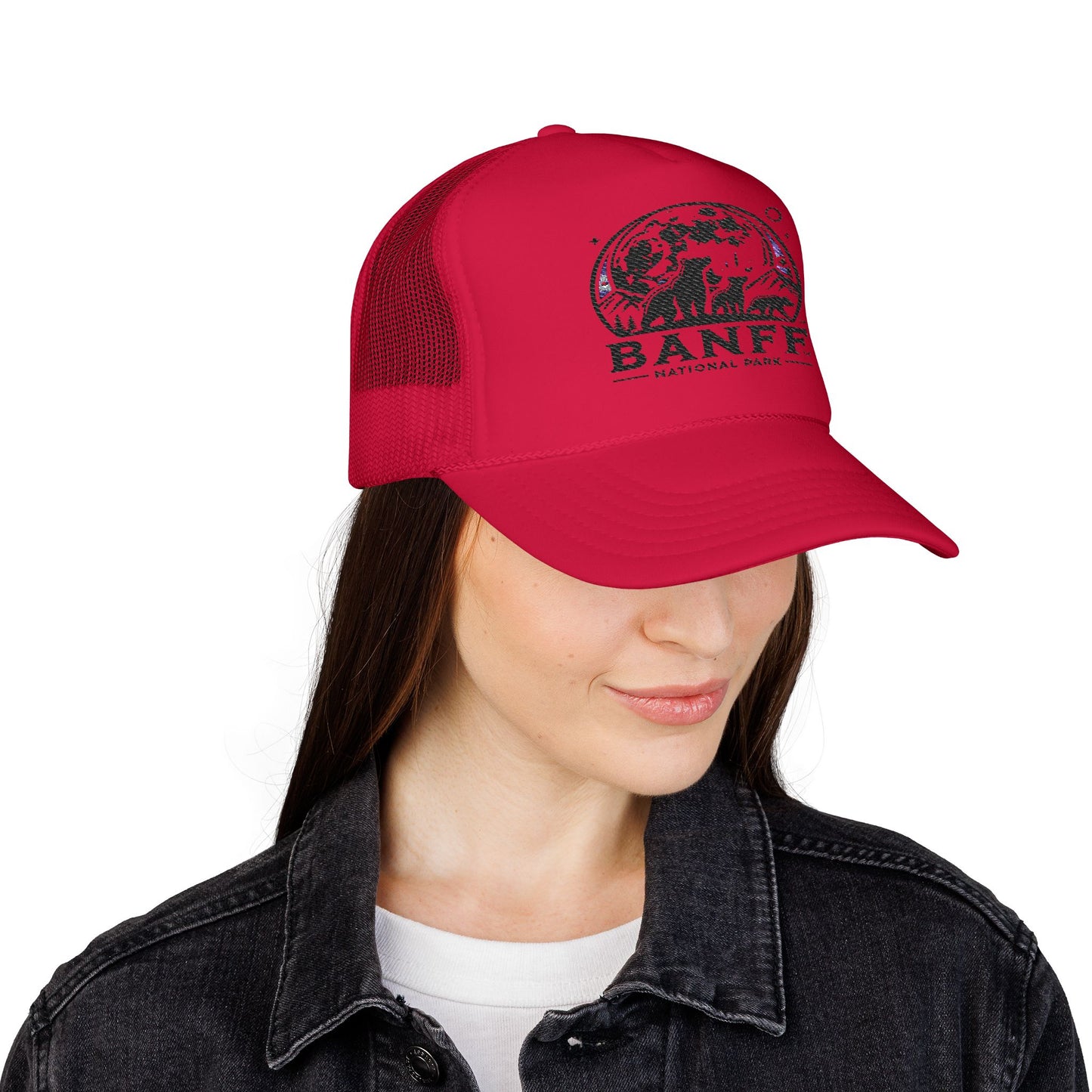 Vintage Banff Foam Trucker Hat, Embroidered Cap, Outdoor Adventure Gear, Retro Style Hat, Perfect Gift for Nature Lovers, Festival Ready