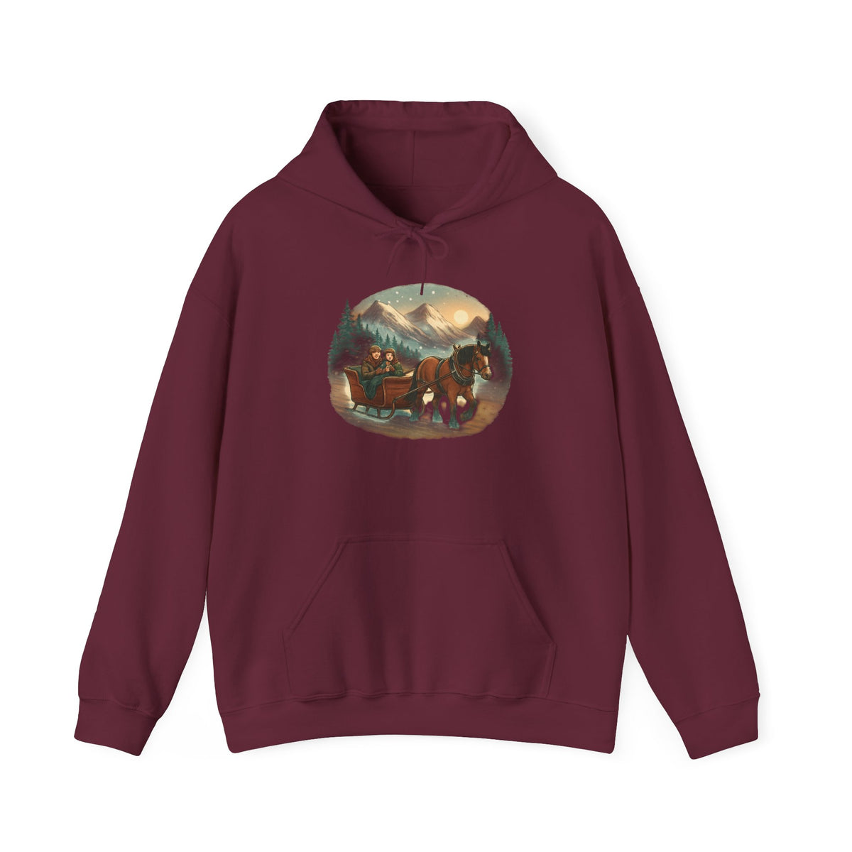 Horse-Drawn Sleigh Winter Hoodie — Vintage Christmas Cabin Scenic Sweatshirt