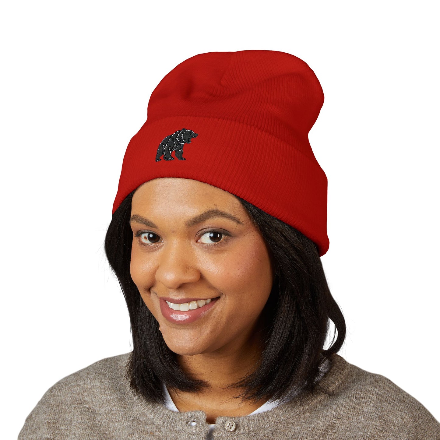 Bear Embroidered Cuffed Beanie - Cozy Winter Hat, Animal Lover Gift, Hiking Accessory, Outdoor Fashion, Fall/Winter Essential