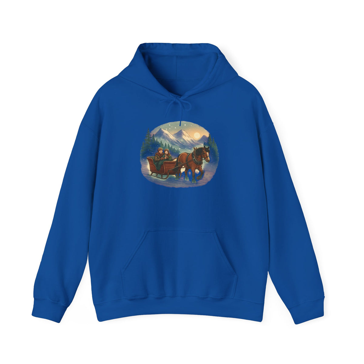 Horse-Drawn Sleigh Winter Hoodie — Vintage Christmas Cabin Scenic Sweatshirt