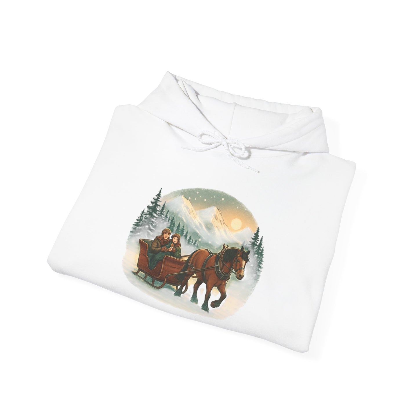 Horse-Drawn Sleigh Winter Hoodie — Vintage Christmas Cabin Scenic Sweatshirt