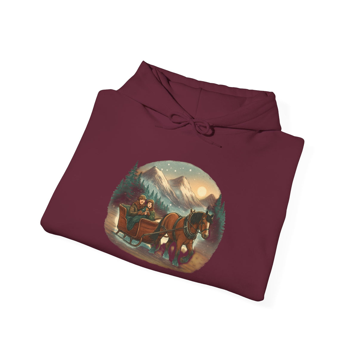 Horse-Drawn Sleigh Winter Hoodie — Vintage Christmas Cabin Scenic Sweatshirt