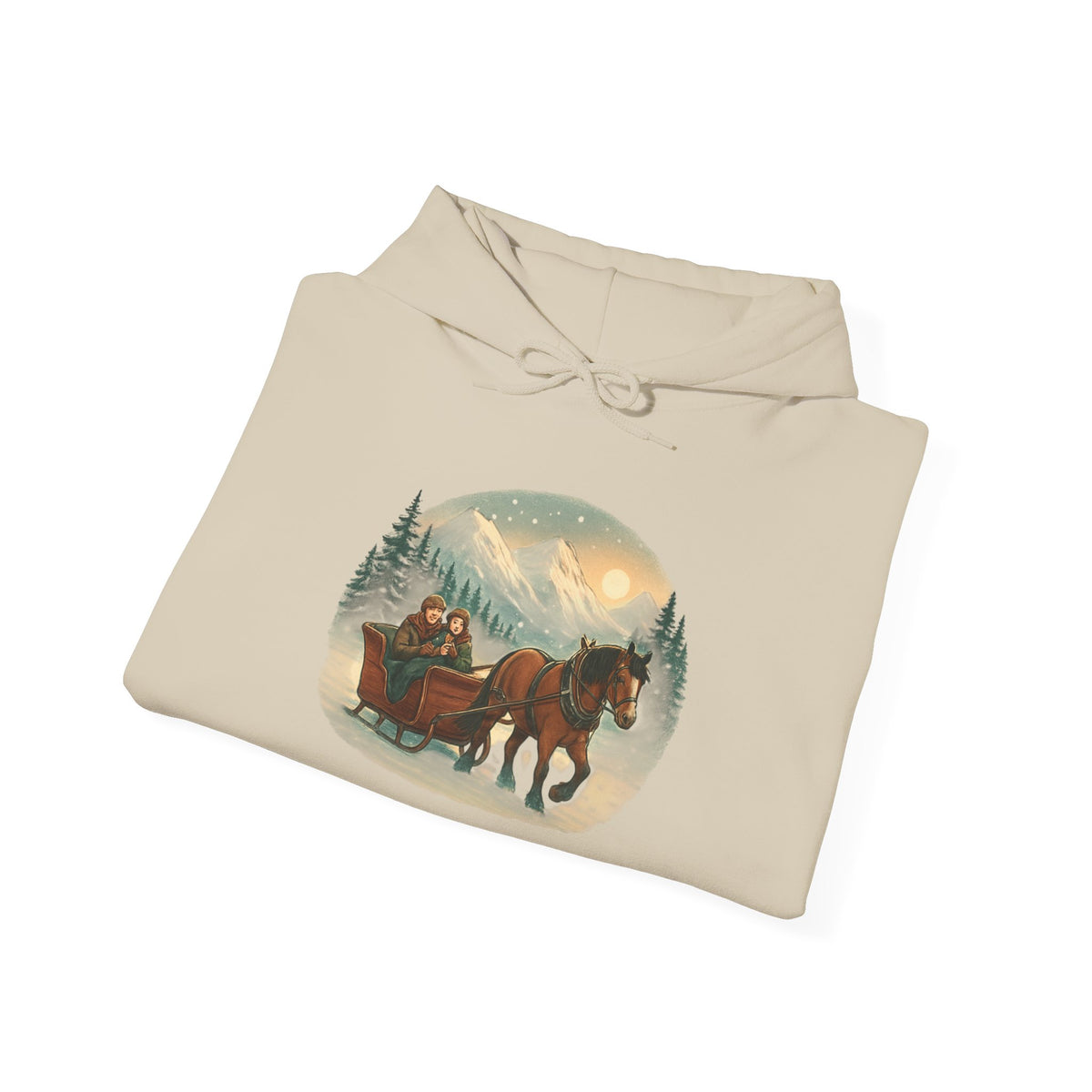 Horse-Drawn Sleigh Winter Hoodie — Vintage Christmas Cabin Scenic Sweatshirt