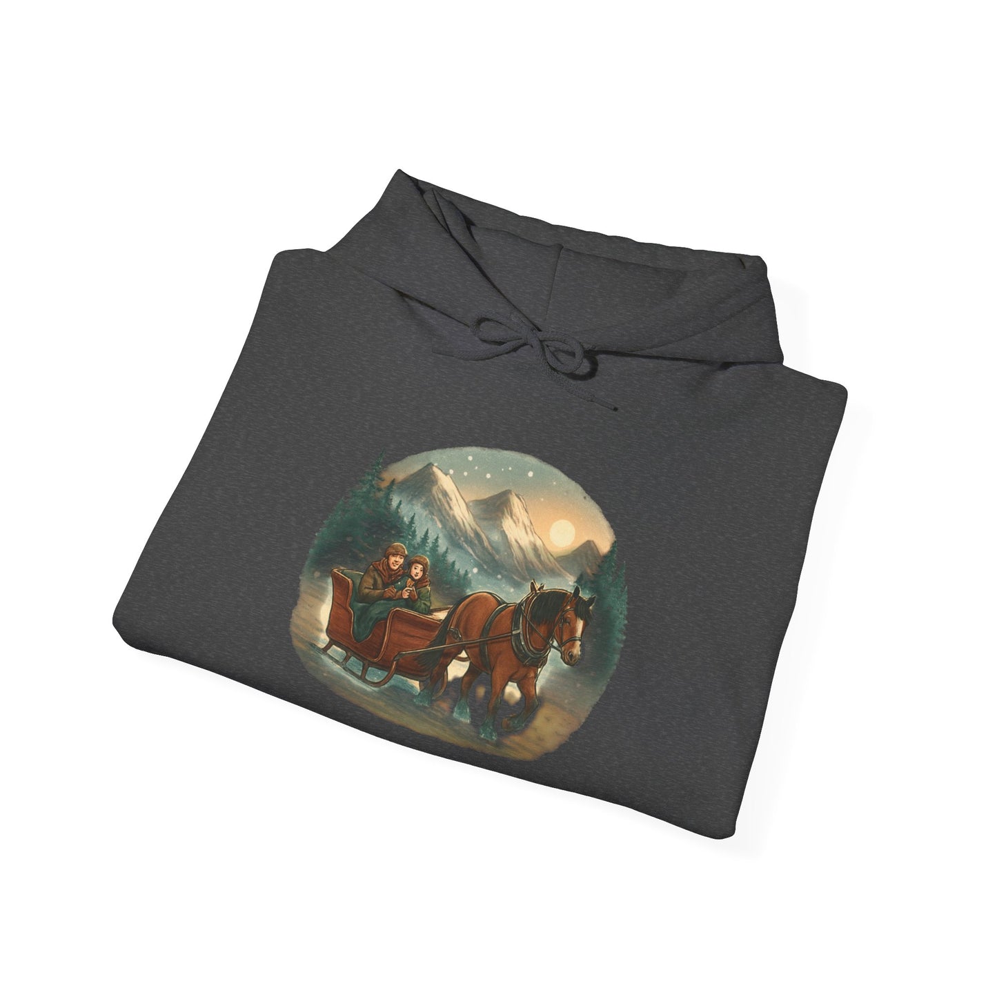 Horse-Drawn Sleigh Winter Hoodie — Vintage Christmas Cabin Scenic Sweatshirt
