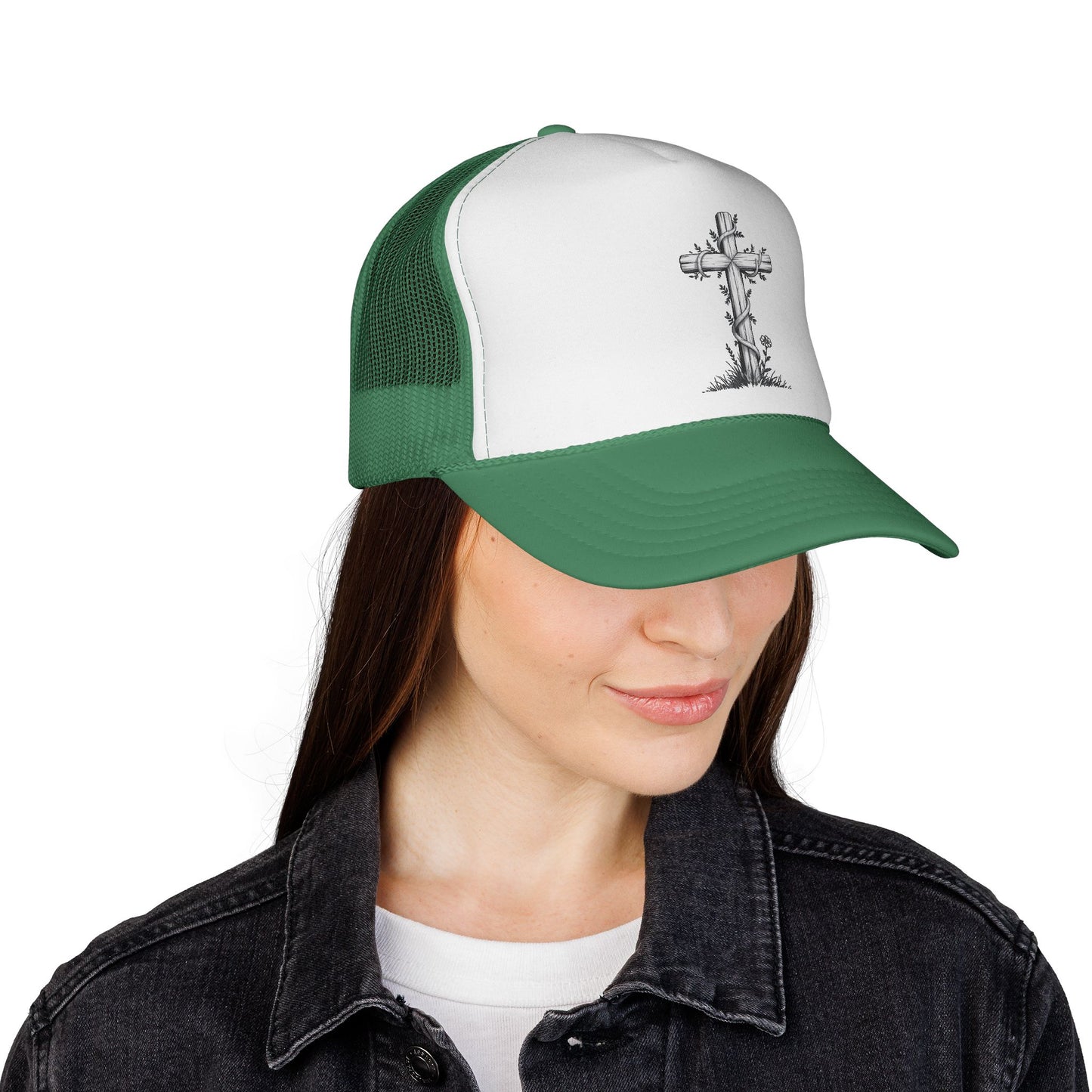 Vintage Faith Trucker Cap - Religious Hat with Cross Design, Outdoors Cap, Gift for Believers, Religious Events, Faith-Based Merchandise
