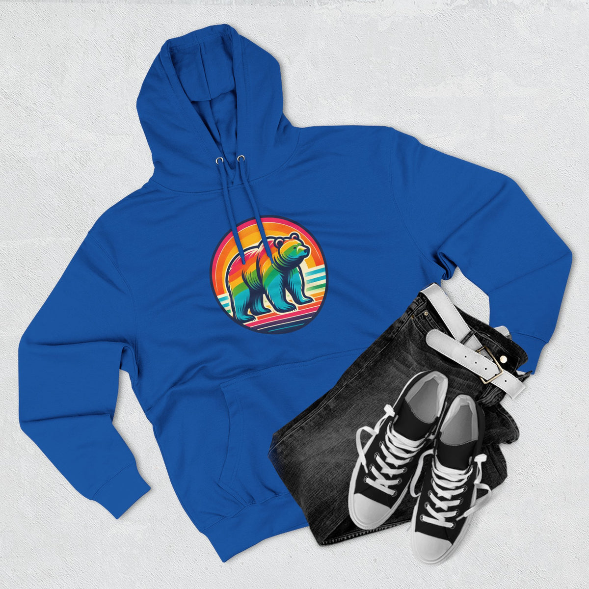 Colorful Bear Sunset Fleece Hoodie | Cozy Graphic Sweatshirt for Nature Lovers, Camping, Gift for Him & Her, Winter Fashion